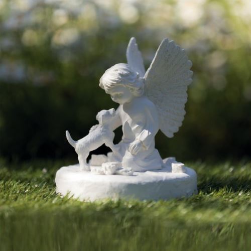 Náhrobný kameň pes s anjelikom, biely 12 x 14 cm