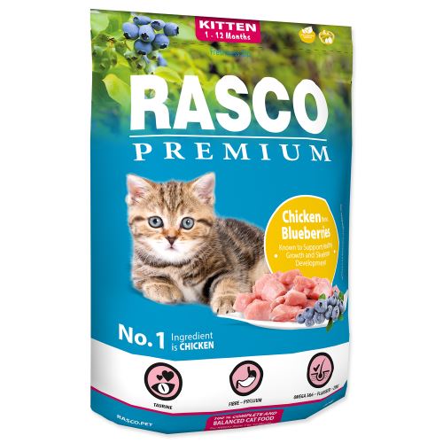 Rasco Premium Cat Kibbles Kitten, kuracie mäso, blueberries