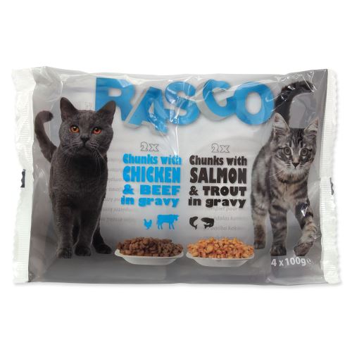 RASCO Cat s lososom a pstruhom / s kuracím a hovädzím 4 x 100g 400g